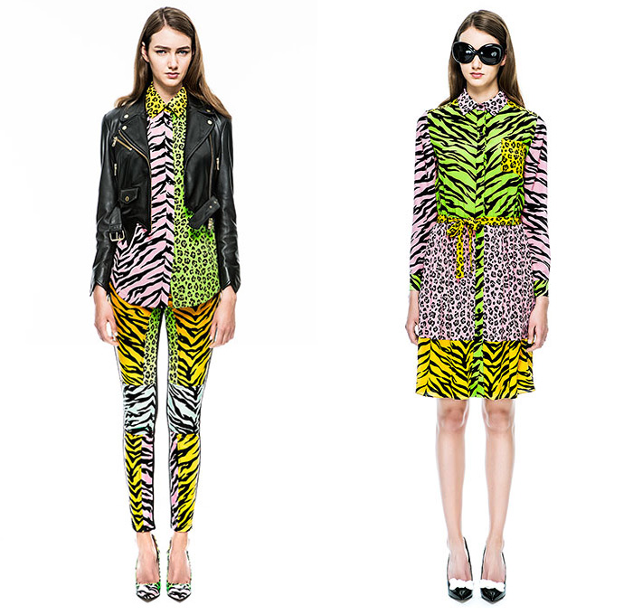 Moschino Cheap and Chic 2015 Resort Womens Lookbook Presentation - 2015 Cruise Pre Collection Spring Fashion Style - Denim Jeans Prehistoric Cavegirl Animal Stripes Jungle Safari Tiger Leopard Zebra Cheetah Cutout Angular Hem Crop Top Midriff Noodle Strap Motorcycle Biker Rider Leather Mix Match Trench Coat Outerwear Skirt Frock Lace Jacket Maxi Pop Art Ribbon Bow Coatdress Bones Flintstones Graphic Print Dress Bomber Jacket Dots Jogging Sweatpants