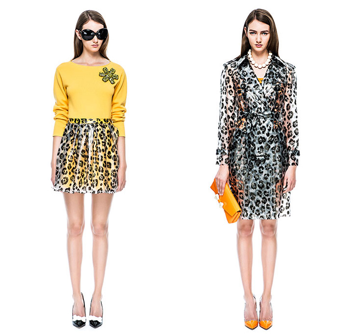 Moschino Cheap and Chic 2015 Resort Womens Lookbook Presentation - 2015 Cruise Pre Collection Spring Fashion Style - Denim Jeans Prehistoric Cavegirl Animal Stripes Jungle Safari Tiger Leopard Zebra Cheetah Cutout Angular Hem Crop Top Midriff Noodle Strap Motorcycle Biker Rider Leather Mix Match Trench Coat Outerwear Skirt Frock Lace Jacket Maxi Pop Art Ribbon Bow Coatdress Bones Flintstones Graphic Print Dress Bomber Jacket Dots Jogging Sweatpants