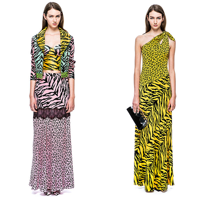 Moschino Cheap and Chic 2015 Resort Womens Lookbook Presentation - 2015 Cruise Pre Collection Spring Fashion Style - Denim Jeans Prehistoric Cavegirl Animal Stripes Jungle Safari Tiger Leopard Zebra Cheetah Cutout Angular Hem Crop Top Midriff Noodle Strap Motorcycle Biker Rider Leather Mix Match Trench Coat Outerwear Skirt Frock Lace Jacket Maxi Pop Art Ribbon Bow Coatdress Bones Flintstones Graphic Print Dress Bomber Jacket Dots Jogging Sweatpants