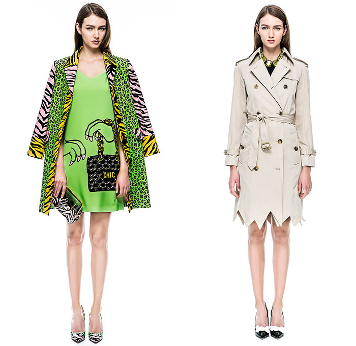 Moschino Cheap and Chic 2015 Resort Womens Lookbook Presentation - 2015 Cruise Pre Collection Spring Fashion Style - Denim Jeans Prehistoric Cavegirl Animal Stripes Jungle Safari Tiger Leopard Zebra Cheetah Cutout Angular Hem Crop Top Midriff Noodle Strap Motorcycle Biker Rider Leather Mix Match Trench Coat Outerwear Skirt Frock Lace Jacket Maxi Pop Art Ribbon Bow Coatdress Bones Flintstones Graphic Print Dress Bomber Jacket Dots Jogging Sweatpants