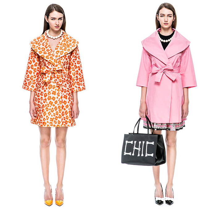 Moschino Cheap and Chic 2015 Resort Womens Lookbook Presentation - 2015 Cruise Pre Collection Spring Fashion Style - Denim Jeans Prehistoric Cavegirl Animal Stripes Jungle Safari Tiger Leopard Zebra Cheetah Cutout Angular Hem Crop Top Midriff Noodle Strap Motorcycle Biker Rider Leather Mix Match Trench Coat Outerwear Skirt Frock Lace Jacket Maxi Pop Art Ribbon Bow Coatdress Bones Flintstones Graphic Print Dress Bomber Jacket Dots Jogging Sweatpants