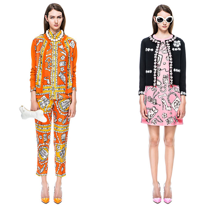 Moschino Cheap and Chic 2015 Resort Womens Lookbook Presentation - 2015 Cruise Pre Collection Spring Fashion Style - Denim Jeans Prehistoric Cavegirl Animal Stripes Jungle Safari Tiger Leopard Zebra Cheetah Cutout Angular Hem Crop Top Midriff Noodle Strap Motorcycle Biker Rider Leather Mix Match Trench Coat Outerwear Skirt Frock Lace Jacket Maxi Pop Art Ribbon Bow Coatdress Bones Flintstones Graphic Print Dress Bomber Jacket Dots Jogging Sweatpants