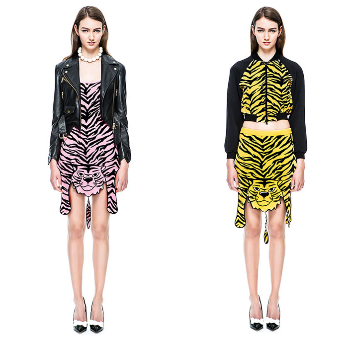 Moschino Cheap and Chic 2015 Resort Womens Lookbook Presentation - 2015 Cruise Pre Collection Spring Fashion Style - Denim Jeans Prehistoric Cavegirl Animal Stripes Jungle Safari Tiger Leopard Zebra Cheetah Cutout Angular Hem Crop Top Midriff Noodle Strap Motorcycle Biker Rider Leather Mix Match Trench Coat Outerwear Skirt Frock Lace Jacket Maxi Pop Art Ribbon Bow Coatdress Bones Flintstones Graphic Print Dress Bomber Jacket Dots Jogging Sweatpants