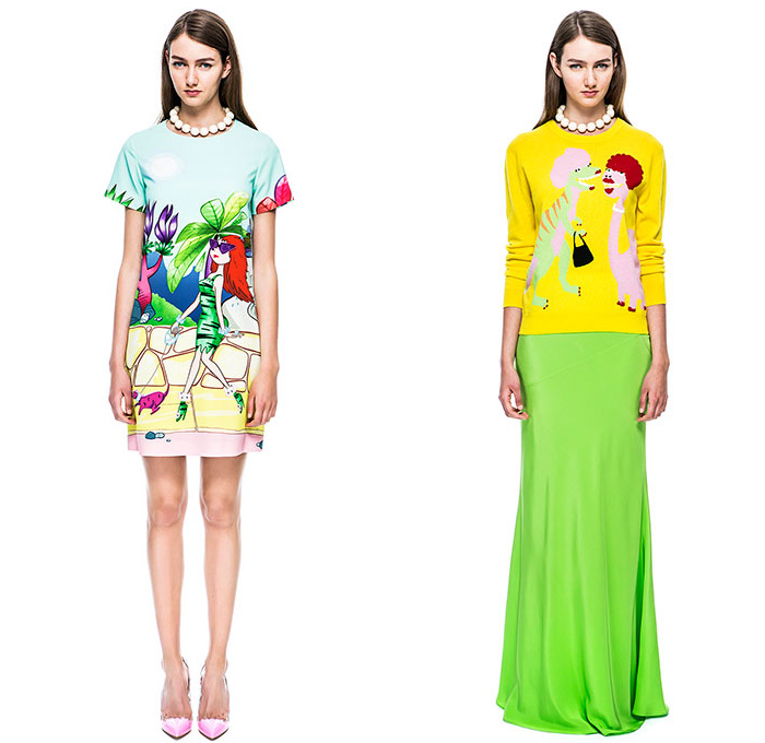 Moschino Cheap and Chic 2015 Resort Womens Lookbook Presentation - 2015 Cruise Pre Collection Spring Fashion Style - Denim Jeans Prehistoric Cavegirl Animal Stripes Jungle Safari Tiger Leopard Zebra Cheetah Cutout Angular Hem Crop Top Midriff Noodle Strap Motorcycle Biker Rider Leather Mix Match Trench Coat Outerwear Skirt Frock Lace Jacket Maxi Pop Art Ribbon Bow Coatdress Bones Flintstones Graphic Print Dress Bomber Jacket Dots Jogging Sweatpants