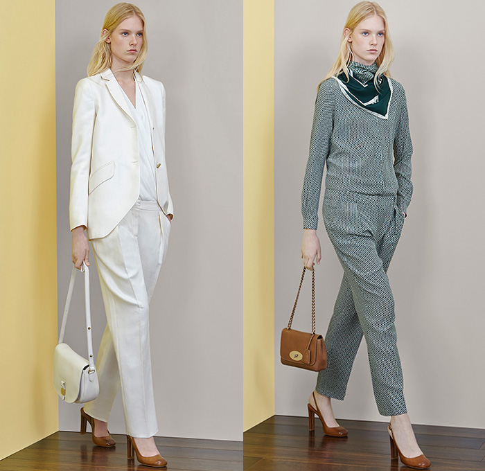 Mulberry 2015 Resort Womens Lookbook Presentation - 2015 Cruise Pre Spring Fashion Pre Collection Somerset England UK - Half Skirt Ruffles Stripes Peplum Halter Top Wrap Sleeveless Leaves Foliage Fauna Botanical White Ensemble Pantsuit Ribbon Tie Up Outerwear Blazer Trench Coat Jacket Dress Weave Geometric Mesh Peek-A-Boo Knit Sweater Jumper
