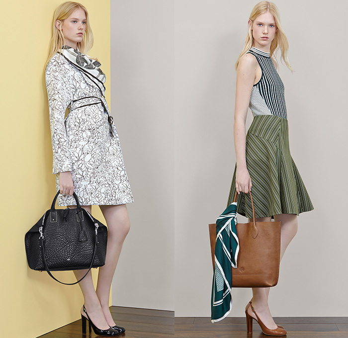 Mulberry 2015 Resort Womens Lookbook Presentation - 2015 Cruise Pre Spring Fashion Pre Collection Somerset England UK - Half Skirt Ruffles Stripes Peplum Halter Top Wrap Sleeveless Leaves Foliage Fauna Botanical White Ensemble Pantsuit Ribbon Tie Up Outerwear Blazer Trench Coat Jacket Dress Weave Geometric Mesh Peek-A-Boo Knit Sweater Jumper