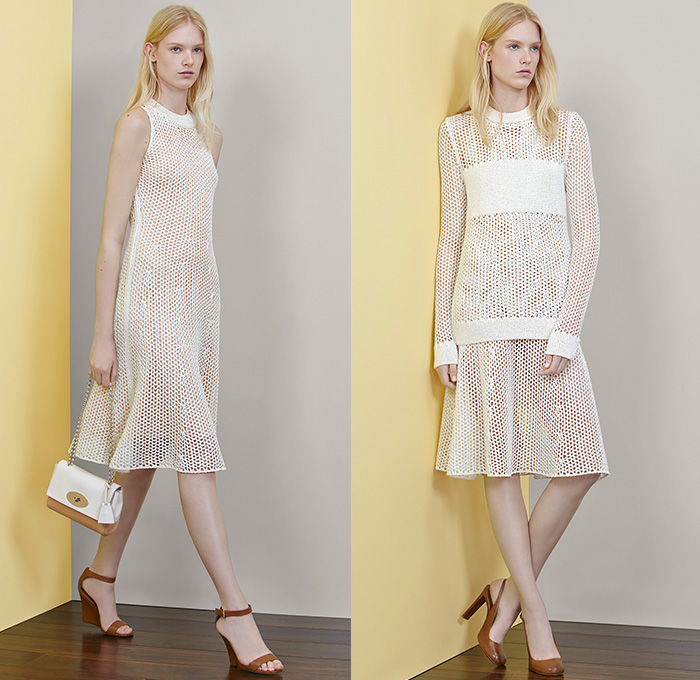 Mulberry 2015 Resort Womens Lookbook Presentation - 2015 Cruise Pre Spring Fashion Pre Collection Somerset England UK - Half Skirt Ruffles Stripes Peplum Halter Top Wrap Sleeveless Leaves Foliage Fauna Botanical White Ensemble Pantsuit Ribbon Tie Up Outerwear Blazer Trench Coat Jacket Dress Weave Geometric Mesh Peek-A-Boo Knit Sweater Jumper