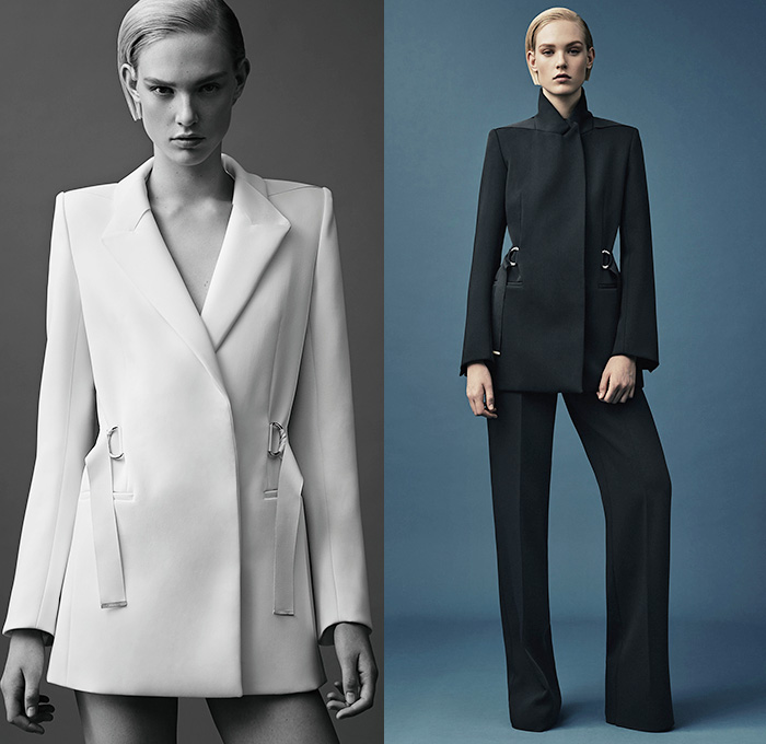 Mugler 2015 Resort Womens Lookbook Presentation - 2015 Cruise Pre Spring Fashion Pre Collection Thierry Mugler Paris France - Grosgrain Zigzag D-Rings Strap Cinch Waist Bondage Fold Out Bodycon Metal Buckles Blazer Minimalist White Pantsuit Dress Gown Asymmetrical Handkerchief Hem Bandage Mummy Wrap Multi-Panel Vest Waistcoat Wide Leg Trousers Palazzo Pants Blazer Sleeveless Paintstrokes Sheer Chiffon Peek-A-Boo Sweater Jumper