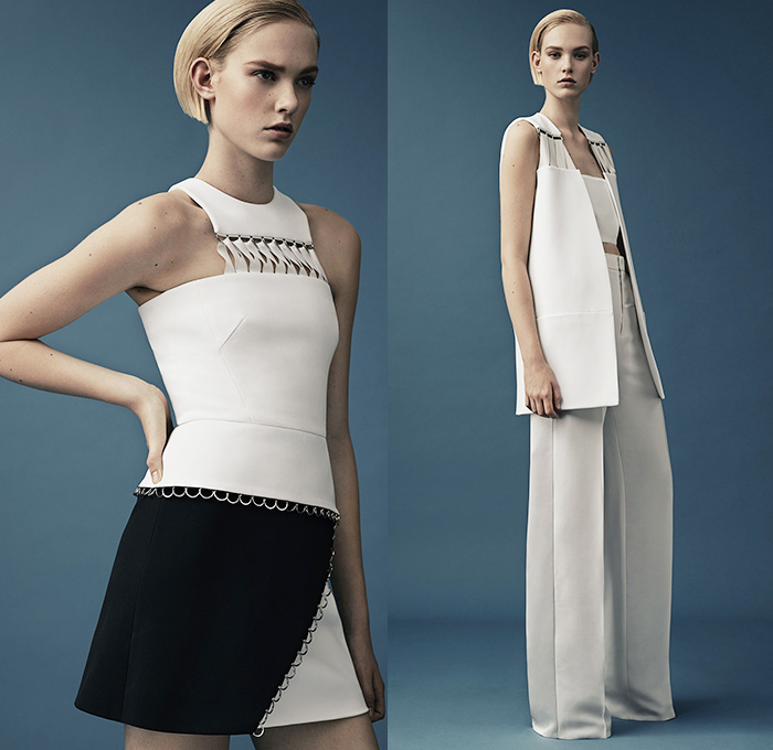 Mugler 2015 Resort Womens Lookbook Presentation - 2015 Cruise Pre Spring Fashion Pre Collection Thierry Mugler Paris France - Grosgrain Zigzag D-Rings Strap Cinch Waist Bondage Fold Out Bodycon Metal Buckles Blazer Minimalist White Pantsuit Dress Gown Asymmetrical Handkerchief Hem Bandage Mummy Wrap Multi-Panel Vest Waistcoat Wide Leg Trousers Palazzo Pants Blazer Sleeveless Paintstrokes Sheer Chiffon Peek-A-Boo Sweater Jumper