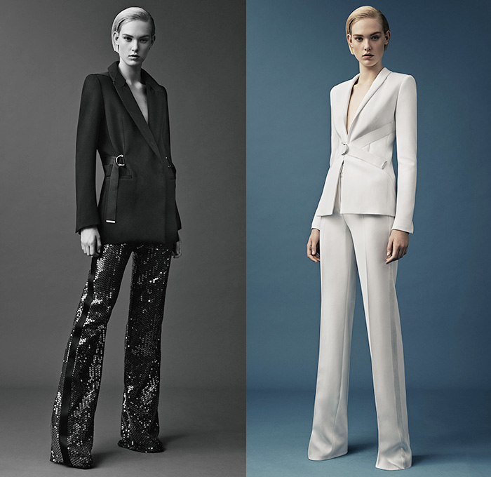 Mugler 2015 Resort Womens Lookbook Presentation - 2015 Cruise Pre Spring Fashion Pre Collection Thierry Mugler Paris France - Grosgrain Zigzag D-Rings Strap Cinch Waist Bondage Fold Out Bodycon Metal Buckles Blazer Minimalist White Pantsuit Dress Gown Asymmetrical Handkerchief Hem Bandage Mummy Wrap Multi-Panel Vest Waistcoat Wide Leg Trousers Palazzo Pants Blazer Sleeveless Paintstrokes Sheer Chiffon Peek-A-Boo Sweater Jumper