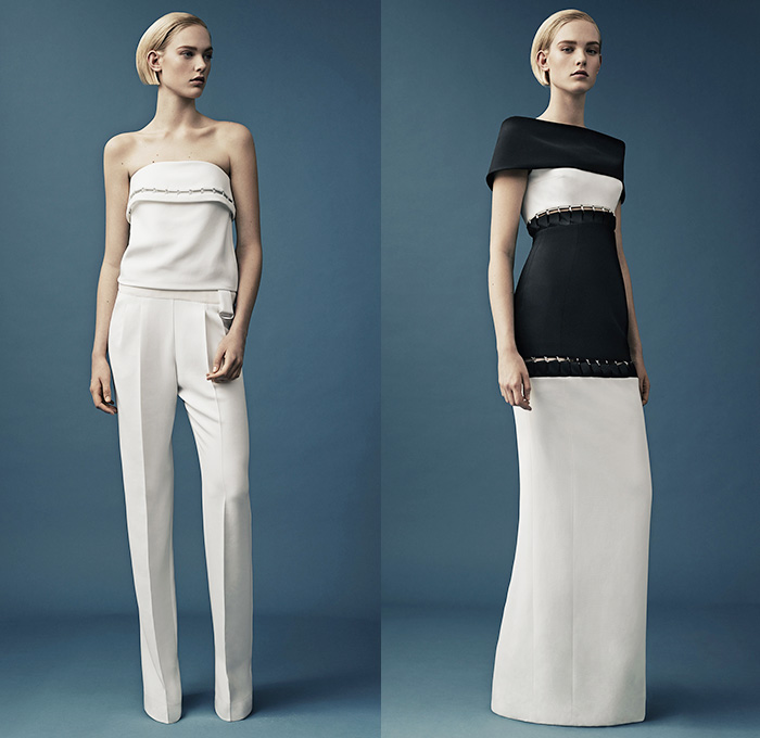 Mugler 2015 Resort Womens Lookbook Presentation - 2015 Cruise Pre Spring Fashion Pre Collection Thierry Mugler Paris France - Grosgrain Zigzag D-Rings Strap Cinch Waist Bondage Fold Out Bodycon Metal Buckles Blazer Minimalist White Pantsuit Dress Gown Asymmetrical Handkerchief Hem Bandage Mummy Wrap Multi-Panel Vest Waistcoat Wide Leg Trousers Palazzo Pants Blazer Sleeveless Paintstrokes Sheer Chiffon Peek-A-Boo Sweater Jumper