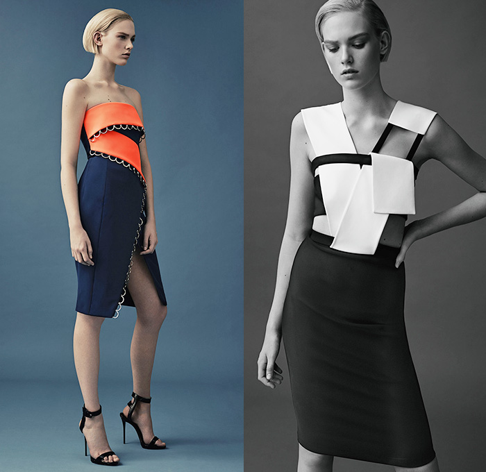 Mugler 2015 Resort Womens Lookbook Presentation - 2015 Cruise Pre Spring Fashion Pre Collection Thierry Mugler Paris France - Grosgrain Zigzag D-Rings Strap Cinch Waist Bondage Fold Out Bodycon Metal Buckles Blazer Minimalist White Pantsuit Dress Gown Asymmetrical Handkerchief Hem Bandage Mummy Wrap Multi-Panel Vest Waistcoat Wide Leg Trousers Palazzo Pants Blazer Sleeveless Paintstrokes Sheer Chiffon Peek-A-Boo Sweater Jumper