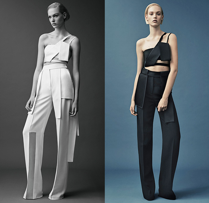 Mugler 2015 Resort Womens Lookbook Presentation - 2015 Cruise Pre Spring Fashion Pre Collection Thierry Mugler Paris France - Grosgrain Zigzag D-Rings Strap Cinch Waist Bondage Fold Out Bodycon Metal Buckles Blazer Minimalist White Pantsuit Dress Gown Asymmetrical Handkerchief Hem Bandage Mummy Wrap Multi-Panel Vest Waistcoat Wide Leg Trousers Palazzo Pants Blazer Sleeveless Paintstrokes Sheer Chiffon Peek-A-Boo Sweater Jumper