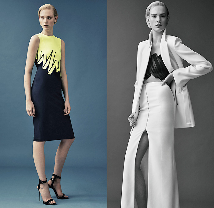 Mugler 2015 Resort Womens Lookbook Presentation - 2015 Cruise Pre Spring Fashion Pre Collection Thierry Mugler Paris France - Grosgrain Zigzag D-Rings Strap Cinch Waist Bondage Fold Out Bodycon Metal Buckles Blazer Minimalist White Pantsuit Dress Gown Asymmetrical Handkerchief Hem Bandage Mummy Wrap Multi-Panel Vest Waistcoat Wide Leg Trousers Palazzo Pants Blazer Sleeveless Paintstrokes Sheer Chiffon Peek-A-Boo Sweater Jumper