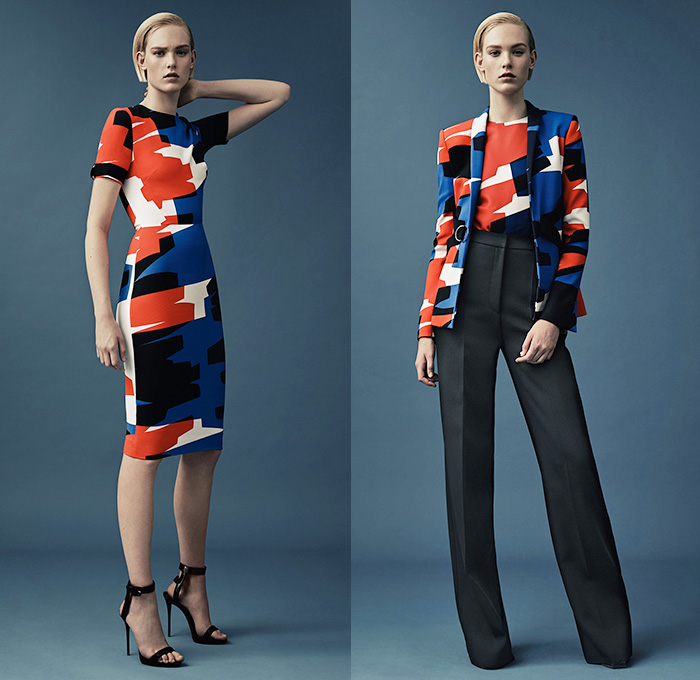 Mugler 2015 Resort Womens Lookbook Presentation - 2015 Cruise Pre Spring Fashion Pre Collection Thierry Mugler Paris France - Grosgrain Zigzag D-Rings Strap Cinch Waist Bondage Fold Out Bodycon Metal Buckles Blazer Minimalist White Pantsuit Dress Gown Asymmetrical Handkerchief Hem Bandage Mummy Wrap Multi-Panel Vest Waistcoat Wide Leg Trousers Palazzo Pants Blazer Sleeveless Paintstrokes Sheer Chiffon Peek-A-Boo Sweater Jumper