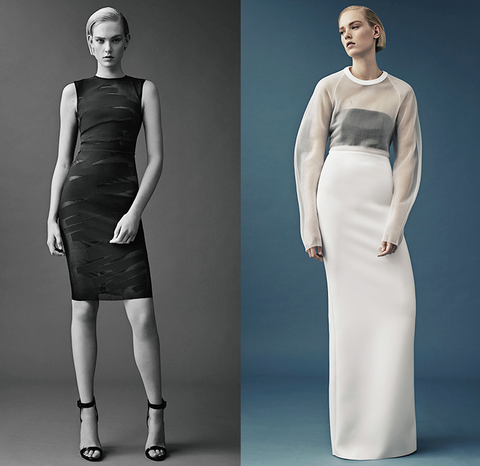 Mugler 2015 Resort Womens Lookbook Presentation - 2015 Cruise Pre Spring Fashion Pre Collection Thierry Mugler Paris France - Grosgrain Zigzag D-Rings Strap Cinch Waist Bondage Fold Out Bodycon Metal Buckles Blazer Minimalist White Pantsuit Dress Gown Asymmetrical Handkerchief Hem Bandage Mummy Wrap Multi-Panel Vest Waistcoat Wide Leg Trousers Palazzo Pants Blazer Sleeveless Paintstrokes Sheer Chiffon Peek-A-Boo Sweater Jumper