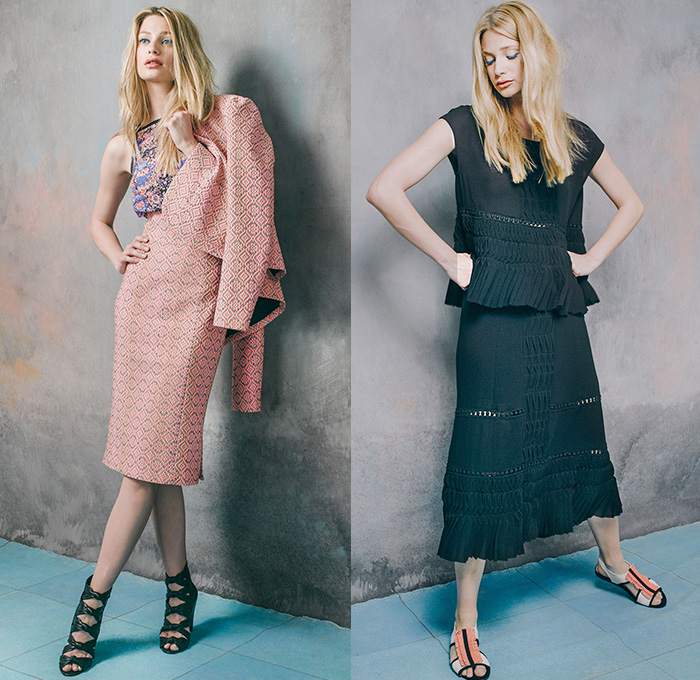 Nanette Lepore 2015 Resort Womens Lookbook Presentation - 2015 Cruise Pre Spring Fashion Pre Collection - Gypsy Suitcase Lace Shirtdress Tunic Blazer Wide Leg Shorts Culottes Gauchos Mushroom Hem Palazzo Pants 3D Embellishments Embroidery Jogging Sweatpants Dress Cut Out Waist Trousers Pants Ornamental Print Decorative Art Motif Kaleidoscope Outerwear Coatdress Trench Coat Pencil Skirt Ruffles Pleats Bohemian Boho Chic