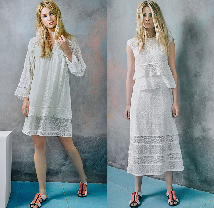 Nanette Lepore 2015 Resort Womens Lookbook Presentation - 2015 Cruise Pre Spring Fashion Pre Collection - Gypsy Suitcase Lace Shirtdress Tunic Blazer Wide Leg Shorts Culottes Gauchos Mushroom Hem Palazzo Pants 3D Embellishments Embroidery Jogging Sweatpants Dress Cut Out Waist Trousers Pants Ornamental Print Decorative Art Motif Kaleidoscope Outerwear Coatdress Trench Coat Pencil Skirt Ruffles Pleats Bohemian Boho Chic