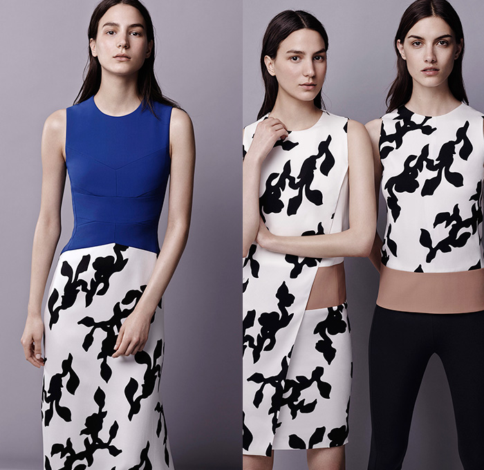 Narciso Rodriguez 2015 Resort Womens Lookbook Presentation - 2015 Cruise Pre Spring Fashion Pre Collection New York - Jacquard Dress Skirt Frock Neoprene Vines Slipdress Body Con Cocktail Dress Geometric Leaves Fauna Foliage Botanical Cut Out Waist Back Sleeveless Handkerchief Hem Leggings Multi-Panel Color Block V-Neck Vest Waistcoat Minimalist Outerwear Jacket