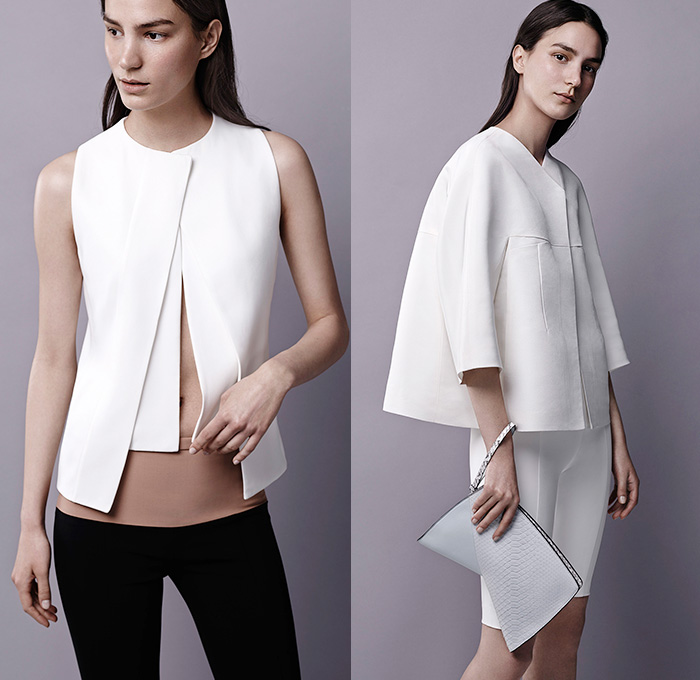 Narciso Rodriguez 2015 Resort Womens Lookbook Presentation - 2015 Cruise Pre Spring Fashion Pre Collection New York - Jacquard Dress Skirt Frock Neoprene Vines Slipdress Body Con Cocktail Dress Geometric Leaves Fauna Foliage Botanical Cut Out Waist Back Sleeveless Handkerchief Hem Leggings Multi-Panel Color Block V-Neck Vest Waistcoat Minimalist Outerwear Jacket