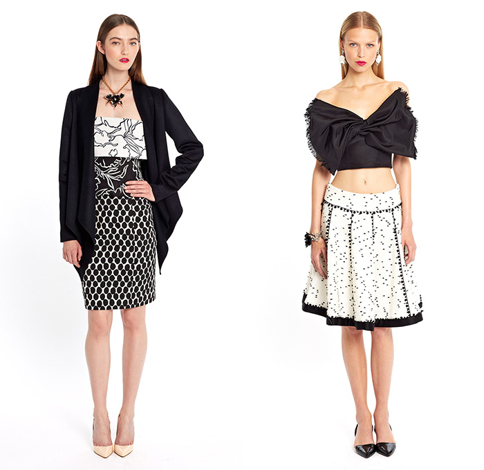 Oscar De La Renta 2015 Resort Womens Lookbook Presentation - 2015 Cruise Pre Spring Fashion Pre Collection - Wide Leg Trousers Pants Culottes Palazzo Pants Gauchos Lampshade Wide Belt Shorts Combishorts Romper Crop Top Midriff Bandeau Outerwear Coat Blazer Pantsuit Metallic Ruffled Lapel Dress Circles Dots Foliage Leaves Ribbon Bowtie Windowpane Grid Lattice Lace Flowers Florals Skirt Frock Multi-Panel Asymmetrical Peek-A-Boo Embroidery 3D Flowers Gown Ruffles