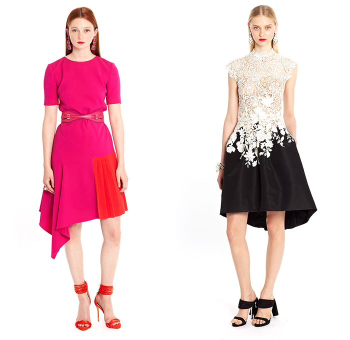 Oscar De La Renta 2015 Resort Womens Lookbook Presentation - 2015 Cruise Pre Spring Fashion Pre Collection - Wide Leg Trousers Pants Culottes Palazzo Pants Gauchos Lampshade Wide Belt Shorts Combishorts Romper Crop Top Midriff Bandeau Outerwear Coat Blazer Pantsuit Metallic Ruffled Lapel Dress Circles Dots Foliage Leaves Ribbon Bowtie Windowpane Grid Lattice Lace Flowers Florals Skirt Frock Multi-Panel Asymmetrical Peek-A-Boo Embroidery 3D Flowers Gown Ruffles