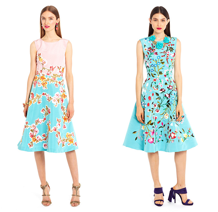 Oscar De La Renta 2015 Resort Womens Lookbook Presentation - 2015 Cruise Pre Spring Fashion Pre Collection - Wide Leg Trousers Pants Culottes Palazzo Pants Gauchos Lampshade Wide Belt Shorts Combishorts Romper Crop Top Midriff Bandeau Outerwear Coat Blazer Pantsuit Metallic Ruffled Lapel Dress Circles Dots Foliage Leaves Ribbon Bowtie Windowpane Grid Lattice Lace Flowers Florals Skirt Frock Multi-Panel Asymmetrical Peek-A-Boo Embroidery 3D Flowers Gown Ruffles