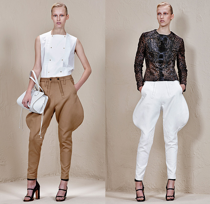 Ports 1961 2015 Resort Womens Lookbook Presentation - 2015 Cruise Pre Spring Fashion Pre Collection - Equestrian Riding Breeches Jodhpurs Zippers Outerwear Jacket Pantsuit Wide Leg Trousers Palazzo Pants Blouse Parka Hoodie Hanging Sleeve White Swimwear Mesh Perforated Peek-A-Boo Lace Harness Pencil Skirt Frock Ruffles Asymmetrical Hem 3D Embellishments Flowers Sequins Furry Feathers Sash Belt Lace Up Wrap Handkerchief Hem Coatdress Sheer Chiffon