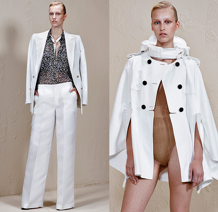 Ports 1961 2015 Resort Womens Lookbook Presentation - 2015 Cruise Pre Spring Fashion Pre Collection - Equestrian Riding Breeches Jodhpurs Zippers Outerwear Jacket Pantsuit Wide Leg Trousers Palazzo Pants Blouse Parka Hoodie Hanging Sleeve White Swimwear Mesh Perforated Peek-A-Boo Lace Harness Pencil Skirt Frock Ruffles Asymmetrical Hem 3D Embellishments Flowers Sequins Furry Feathers Sash Belt Lace Up Wrap Handkerchief Hem Coatdress Sheer Chiffon