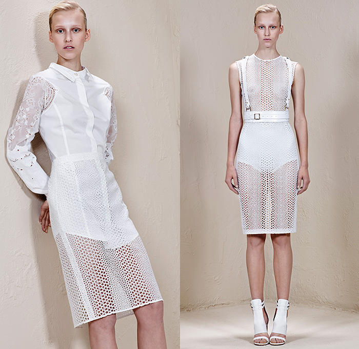 Ports 1961 2015 Resort Womens Lookbook Presentation - 2015 Cruise Pre Spring Fashion Pre Collection - Equestrian Riding Breeches Jodhpurs Zippers Outerwear Jacket Pantsuit Wide Leg Trousers Palazzo Pants Blouse Parka Hoodie Hanging Sleeve White Swimwear Mesh Perforated Peek-A-Boo Lace Harness Pencil Skirt Frock Ruffles Asymmetrical Hem 3D Embellishments Flowers Sequins Furry Feathers Sash Belt Lace Up Wrap Handkerchief Hem Coatdress Sheer Chiffon