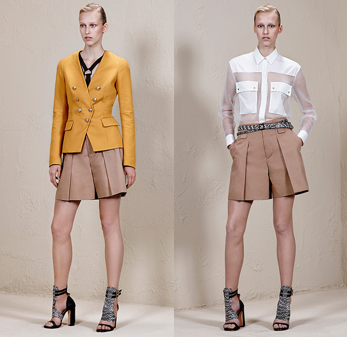 Ports 1961 2015 Resort Womens Lookbook Presentation - 2015 Cruise Pre Spring Fashion Pre Collection - Equestrian Riding Breeches Jodhpurs Zippers Outerwear Jacket Pantsuit Wide Leg Trousers Palazzo Pants Blouse Parka Hoodie Hanging Sleeve White Swimwear Mesh Perforated Peek-A-Boo Lace Harness Pencil Skirt Frock Ruffles Asymmetrical Hem 3D Embellishments Flowers Sequins Furry Feathers Sash Belt Lace Up Wrap Handkerchief Hem Coatdress Sheer Chiffon