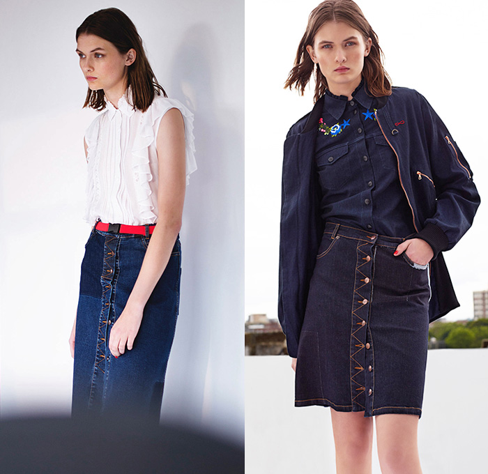 Preen Line 2015 Resort Womens Lookbook Presentation - 2015 Cruise Pre Spring Fashion Pre Collection London UK - Designers Justin Thornton Thea Bregazzi - Pseudo Denim Jeans Print Illusion Graphic Shirtdress Sandals Dress Noodle Spaghetti Strap White Skirt Button Fly Slouchy Pants Trousers Ruffles Shirt Patchwork Outerwear Bomber Jacket Dress 