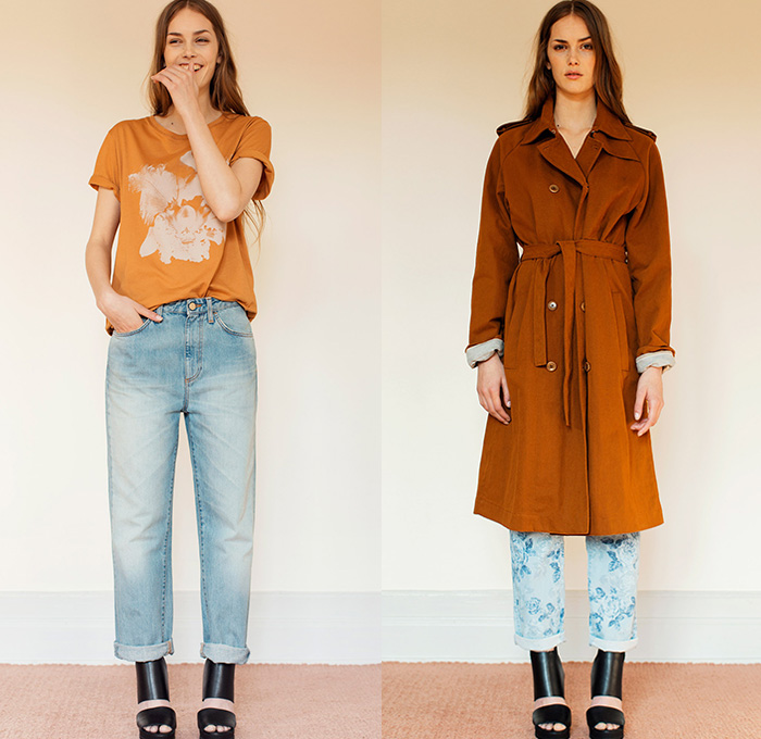 Rodebjer 2015 Resort Womens Lookbook Presentation - 2015 Cruise Pre Spring Fashion Pre Collection Designer Carin Rodebjer - Denim Jeans Flowers Florals Blouse Shirt Print Motif Skinny Tunic Tapered Ruffles Outerwear Trench Coat Coatdress Tunicdress Maxi Shirtdress Sash Cinch Belt Wrap Dots Circles Pattern Furry Skirt Frock Wide Leg Culottes Gauchos Patchwork Palazzo Pants Knit Sweater Jumper Tuxedo Stripe Lace Multi-Panel