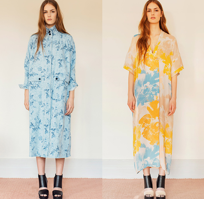 Rodebjer 2015 Resort Womens Lookbook Presentation - 2015 Cruise Pre Spring Fashion Pre Collection Designer Carin Rodebjer - Denim Jeans Flowers Florals Blouse Shirt Print Motif Skinny Tunic Tapered Ruffles Outerwear Trench Coat Coatdress Tunicdress Maxi Shirtdress Sash Cinch Belt Wrap Dots Circles Pattern Furry Skirt Frock Wide Leg Culottes Gauchos Patchwork Palazzo Pants Knit Sweater Jumper Tuxedo Stripe Lace Multi-Panel