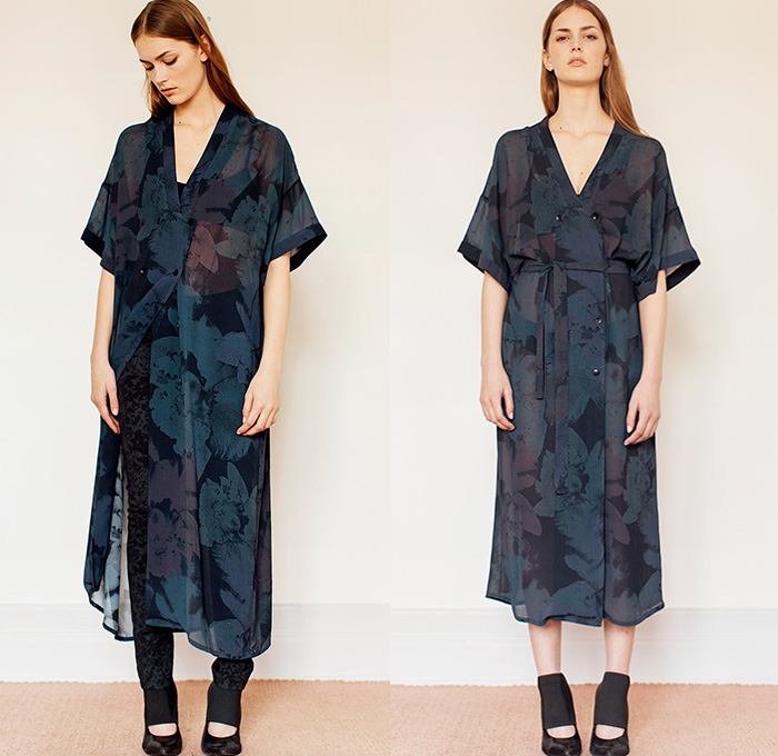 Rodebjer 2015 Resort Womens Lookbook Presentation - 2015 Cruise Pre Spring Fashion Pre Collection Designer Carin Rodebjer - Denim Jeans Flowers Florals Blouse Shirt Print Motif Skinny Tunic Tapered Ruffles Outerwear Trench Coat Coatdress Tunicdress Maxi Shirtdress Sash Cinch Belt Wrap Dots Circles Pattern Furry Skirt Frock Wide Leg Culottes Gauchos Patchwork Palazzo Pants Knit Sweater Jumper Tuxedo Stripe Lace Multi-Panel