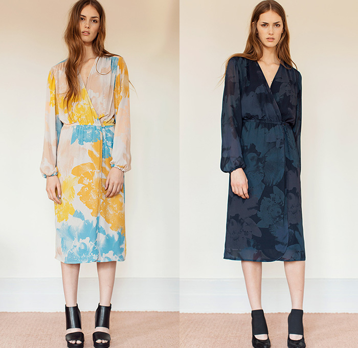 Rodebjer 2015 Resort Womens Lookbook Presentation - 2015 Cruise Pre Spring Fashion Pre Collection Designer Carin Rodebjer - Denim Jeans Flowers Florals Blouse Shirt Print Motif Skinny Tunic Tapered Ruffles Outerwear Trench Coat Coatdress Tunicdress Maxi Shirtdress Sash Cinch Belt Wrap Dots Circles Pattern Furry Skirt Frock Wide Leg Culottes Gauchos Patchwork Palazzo Pants Knit Sweater Jumper Tuxedo Stripe Lace Multi-Panel