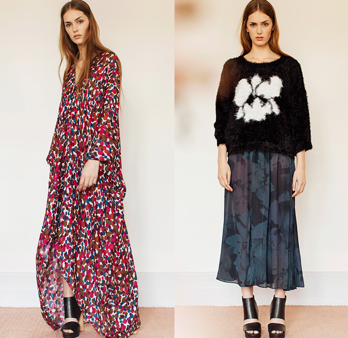 Rodebjer 2015 Resort Womens Lookbook Presentation - 2015 Cruise Pre Spring Fashion Pre Collection Designer Carin Rodebjer - Denim Jeans Flowers Florals Blouse Shirt Print Motif Skinny Tunic Tapered Ruffles Outerwear Trench Coat Coatdress Tunicdress Maxi Shirtdress Sash Cinch Belt Wrap Dots Circles Pattern Furry Skirt Frock Wide Leg Culottes Gauchos Patchwork Palazzo Pants Knit Sweater Jumper Tuxedo Stripe Lace Multi-Panel