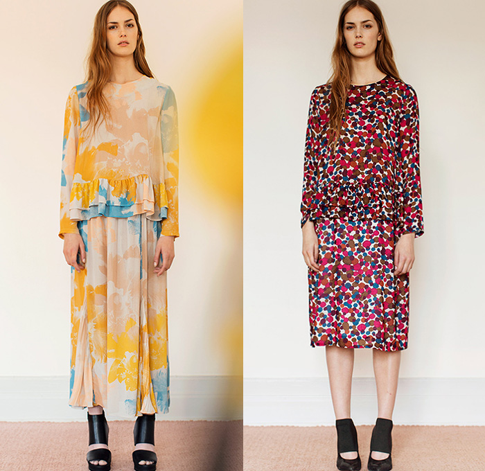 Rodebjer 2015 Resort Womens Lookbook Presentation - 2015 Cruise Pre Spring Fashion Pre Collection Designer Carin Rodebjer - Denim Jeans Flowers Florals Blouse Shirt Print Motif Skinny Tunic Tapered Ruffles Outerwear Trench Coat Coatdress Tunicdress Maxi Shirtdress Sash Cinch Belt Wrap Dots Circles Pattern Furry Skirt Frock Wide Leg Culottes Gauchos Patchwork Palazzo Pants Knit Sweater Jumper Tuxedo Stripe Lace Multi-Panel