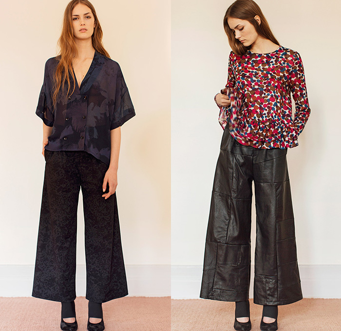 Rodebjer 2015 Resort Womens Lookbook Presentation - 2015 Cruise Pre Spring Fashion Pre Collection Designer Carin Rodebjer - Denim Jeans Flowers Florals Blouse Shirt Print Motif Skinny Tunic Tapered Ruffles Outerwear Trench Coat Coatdress Tunicdress Maxi Shirtdress Sash Cinch Belt Wrap Dots Circles Pattern Furry Skirt Frock Wide Leg Culottes Gauchos Patchwork Palazzo Pants Knit Sweater Jumper Tuxedo Stripe Lace Multi-Panel