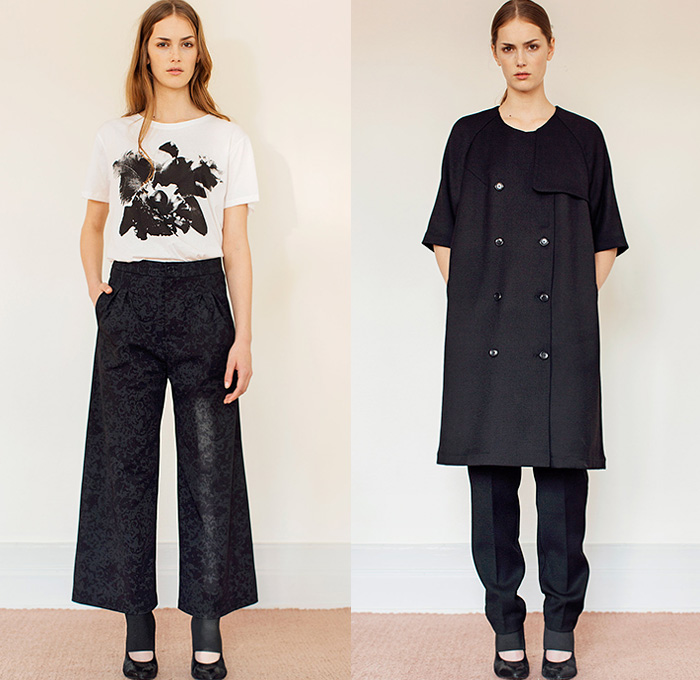 Rodebjer 2015 Resort Womens Lookbook Presentation - 2015 Cruise Pre Spring Fashion Pre Collection Designer Carin Rodebjer - Denim Jeans Flowers Florals Blouse Shirt Print Motif Skinny Tunic Tapered Ruffles Outerwear Trench Coat Coatdress Tunicdress Maxi Shirtdress Sash Cinch Belt Wrap Dots Circles Pattern Furry Skirt Frock Wide Leg Culottes Gauchos Patchwork Palazzo Pants Knit Sweater Jumper Tuxedo Stripe Lace Multi-Panel