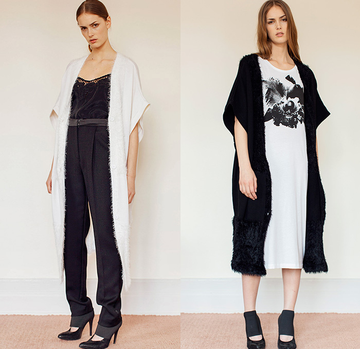 Rodebjer 2015 Resort Womens Lookbook Presentation - 2015 Cruise Pre Spring Fashion Pre Collection Designer Carin Rodebjer - Denim Jeans Flowers Florals Blouse Shirt Print Motif Skinny Tunic Tapered Ruffles Outerwear Trench Coat Coatdress Tunicdress Maxi Shirtdress Sash Cinch Belt Wrap Dots Circles Pattern Furry Skirt Frock Wide Leg Culottes Gauchos Patchwork Palazzo Pants Knit Sweater Jumper Tuxedo Stripe Lace Multi-Panel