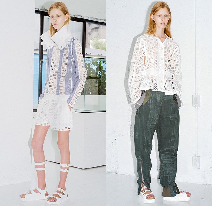 Sacai Luck 2015 Resort Womens Lookbook Presentation in Paris France - 2015 Cruise Pre Spring Fashion Pre Collection Chitose Abe Tokyo - Mesh 3d Cutout Perforated Laser Cut Multi-Panel Shorts Blouse Zipper Sandals Banded Strap Ruffles Balloon Sleeves Ribbed Knit Lace Zebra Stripes Bomber Jacket Pinstripe Outerwear Boxy Shirt Open High Slit Motorcycle Biker Rider Frock Midi Skirt Accordion Pleats Peplum Shirtdress Oversized Coat Shorts Loungewear Jogging Sweatpants