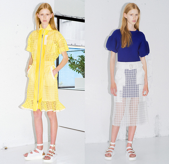 Sacai Luck 2015 Resort Womens Lookbook Presentation in Paris France - 2015 Cruise Pre Spring Fashion Pre Collection Chitose Abe Tokyo - Mesh 3d Cutout Perforated Laser Cut Multi-Panel Shorts Blouse Zipper Sandals Banded Strap Ruffles Balloon Sleeves Ribbed Knit Lace Zebra Stripes Bomber Jacket Pinstripe Outerwear Boxy Shirt Open High Slit Motorcycle Biker Rider Frock Midi Skirt Accordion Pleats Peplum Shirtdress Oversized Coat Shorts Loungewear Jogging Sweatpants