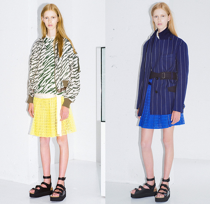 Sacai Luck 2015 Resort Womens Lookbook Presentation in Paris France - 2015 Cruise Pre Spring Fashion Pre Collection Chitose Abe Tokyo - Mesh 3d Cutout Perforated Laser Cut Multi-Panel Shorts Blouse Zipper Sandals Banded Strap Ruffles Balloon Sleeves Ribbed Knit Lace Zebra Stripes Bomber Jacket Pinstripe Outerwear Boxy Shirt Open High Slit Motorcycle Biker Rider Frock Midi Skirt Accordion Pleats Peplum Shirtdress Oversized Coat Shorts Loungewear Jogging Sweatpants