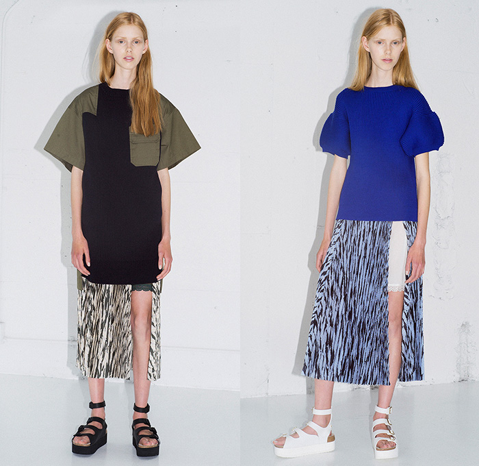 Sacai Luck 2015 Resort Womens Lookbook Presentation in Paris France - 2015 Cruise Pre Spring Fashion Pre Collection Chitose Abe Tokyo - Mesh 3d Cutout Perforated Laser Cut Multi-Panel Shorts Blouse Zipper Sandals Banded Strap Ruffles Balloon Sleeves Ribbed Knit Lace Zebra Stripes Bomber Jacket Pinstripe Outerwear Boxy Shirt Open High Slit Motorcycle Biker Rider Frock Midi Skirt Accordion Pleats Peplum Shirtdress Oversized Coat Shorts Loungewear Jogging Sweatpants