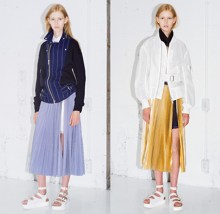 Sacai Luck 2015 Resort Womens Lookbook Presentation in Paris France - 2015 Cruise Pre Spring Fashion Pre Collection Chitose Abe Tokyo - Mesh 3d Cutout Perforated Laser Cut Multi-Panel Shorts Blouse Zipper Sandals Banded Strap Ruffles Balloon Sleeves Ribbed Knit Lace Zebra Stripes Bomber Jacket Pinstripe Outerwear Boxy Shirt Open High Slit Motorcycle Biker Rider Frock Midi Skirt Accordion Pleats Peplum Shirtdress Oversized Coat Shorts Loungewear Jogging Sweatpants