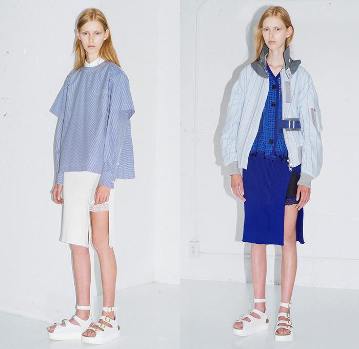 Sacai Luck 2015 Resort Womens Lookbook Presentation in Paris France - 2015 Cruise Pre Spring Fashion Pre Collection Chitose Abe Tokyo - Mesh 3d Cutout Perforated Laser Cut Multi-Panel Shorts Blouse Zipper Sandals Banded Strap Ruffles Balloon Sleeves Ribbed Knit Lace Zebra Stripes Bomber Jacket Pinstripe Outerwear Boxy Shirt Open High Slit Motorcycle Biker Rider Frock Midi Skirt Accordion Pleats Peplum Shirtdress Oversized Coat Shorts Loungewear Jogging Sweatpants