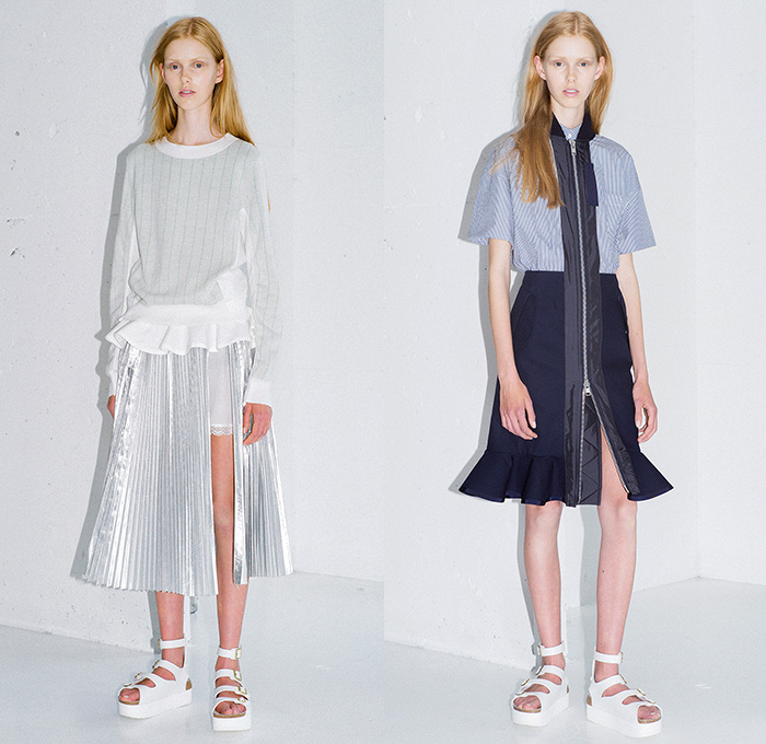 Sacai Luck 2015 Resort Womens Lookbook Presentation in Paris France - 2015 Cruise Pre Spring Fashion Pre Collection Chitose Abe Tokyo - Mesh 3d Cutout Perforated Laser Cut Multi-Panel Shorts Blouse Zipper Sandals Banded Strap Ruffles Balloon Sleeves Ribbed Knit Lace Zebra Stripes Bomber Jacket Pinstripe Outerwear Boxy Shirt Open High Slit Motorcycle Biker Rider Frock Midi Skirt Accordion Pleats Peplum Shirtdress Oversized Coat Shorts Loungewear Jogging Sweatpants