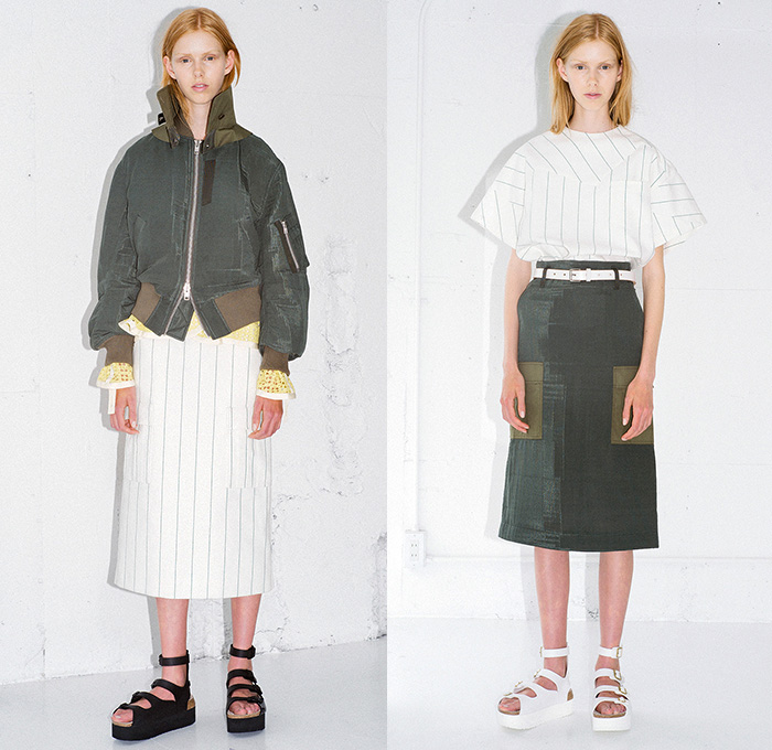 Sacai Luck 2015 Resort Womens Lookbook Presentation in Paris France - 2015 Cruise Pre Spring Fashion Pre Collection Chitose Abe Tokyo - Mesh 3d Cutout Perforated Laser Cut Multi-Panel Shorts Blouse Zipper Sandals Banded Strap Ruffles Balloon Sleeves Ribbed Knit Lace Zebra Stripes Bomber Jacket Pinstripe Outerwear Boxy Shirt Open High Slit Motorcycle Biker Rider Frock Midi Skirt Accordion Pleats Peplum Shirtdress Oversized Coat Shorts Loungewear Jogging Sweatpants