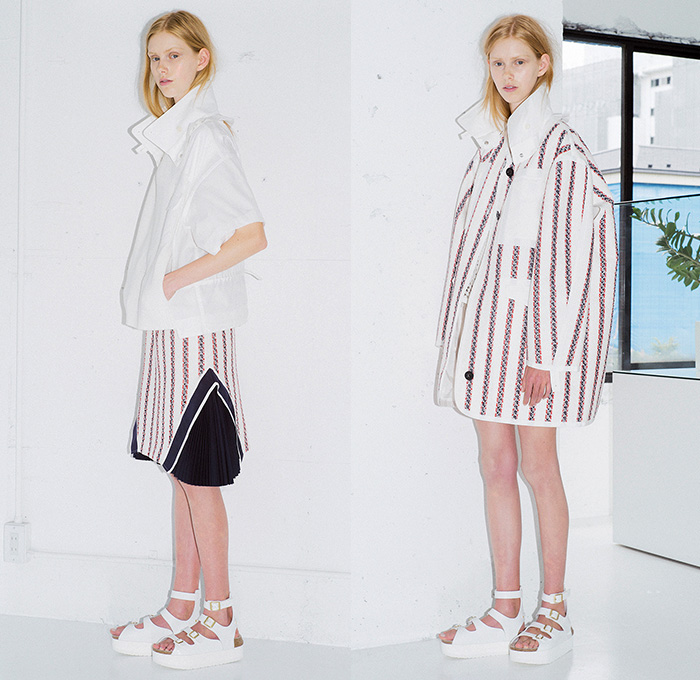 Sacai Luck 2015 Resort Womens Lookbook Presentation in Paris France - 2015 Cruise Pre Spring Fashion Pre Collection Chitose Abe Tokyo - Mesh 3d Cutout Perforated Laser Cut Multi-Panel Shorts Blouse Zipper Sandals Banded Strap Ruffles Balloon Sleeves Ribbed Knit Lace Zebra Stripes Bomber Jacket Pinstripe Outerwear Boxy Shirt Open High Slit Motorcycle Biker Rider Frock Midi Skirt Accordion Pleats Peplum Shirtdress Oversized Coat Shorts Loungewear Jogging Sweatpants